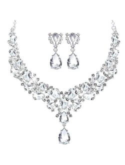 Hicarer Bridal Teardrop Cluster Crystal Jewelry Set for Women Necklace Earrings Wedding