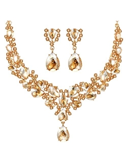 Hicarer Bridal Teardrop Cluster Crystal Jewelry Set for Women Necklace Earrings Wedding