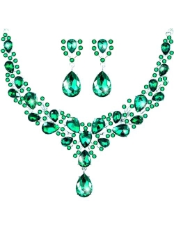 Hicarer Bridal Teardrop Cluster Crystal Jewelry Set for Women Necklace Earrings Wedding