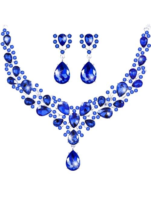 Hicarer Bridal Teardrop Cluster Crystal Jewelry Set for Women Necklace Earrings Wedding