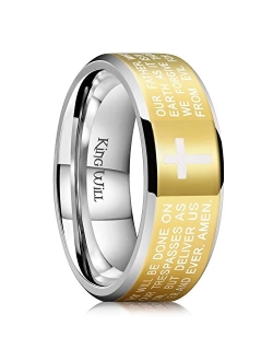 King Will 8mm Lord's Prayer Cross Ring Stainless Steel Ring Gold Silver Wedding Band Bible Engraved Rings High Polished