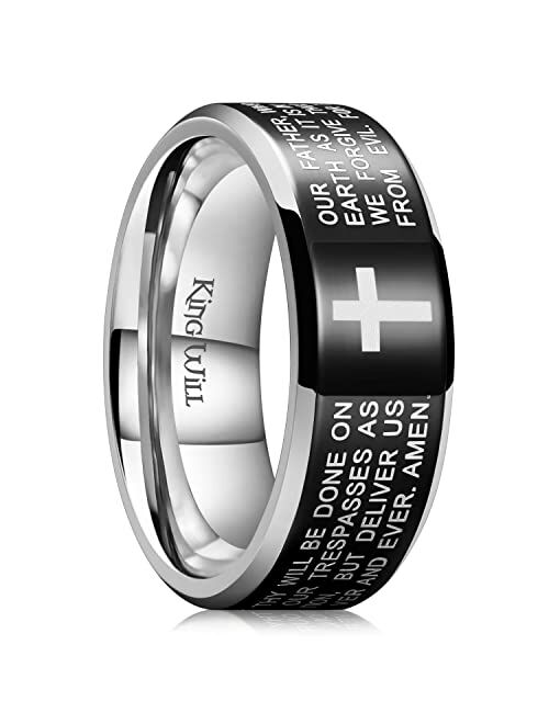 King Will 8mm Lord's Prayer Cross Ring Stainless Steel Ring Gold Silver Wedding Band Bible Engraved Rings High Polished