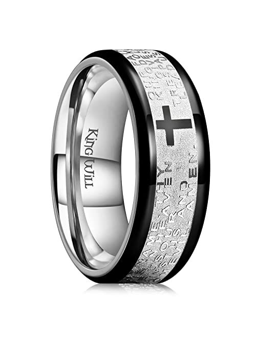 King Will 8mm Lord's Prayer Cross Ring Stainless Steel Ring Gold Silver Wedding Band Bible Engraved Rings High Polished