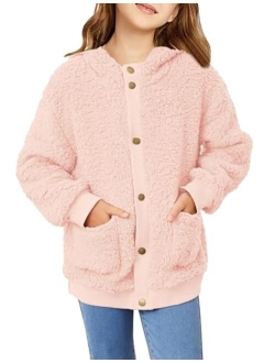 Girls Fleece Sherpa Jacket Faux Shearling Fluffy Button Hooded Coat Fuzzy Outerwear Warm Winter Clothes With Pockets