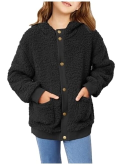 Girls Fleece Sherpa Jacket Faux Shearling Fluffy Button Hooded Coat Fuzzy Outerwear Warm Winter Clothes With Pockets