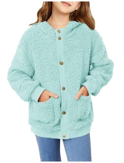 Girls Fleece Sherpa Jacket Faux Shearling Fluffy Button Hooded Coat Fuzzy Outerwear Warm Winter Clothes With Pockets