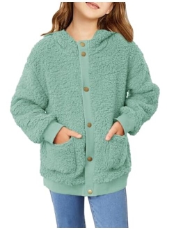 Girls Fleece Sherpa Jacket Faux Shearling Fluffy Button Hooded Coat Fuzzy Outerwear Warm Winter Clothes With Pockets