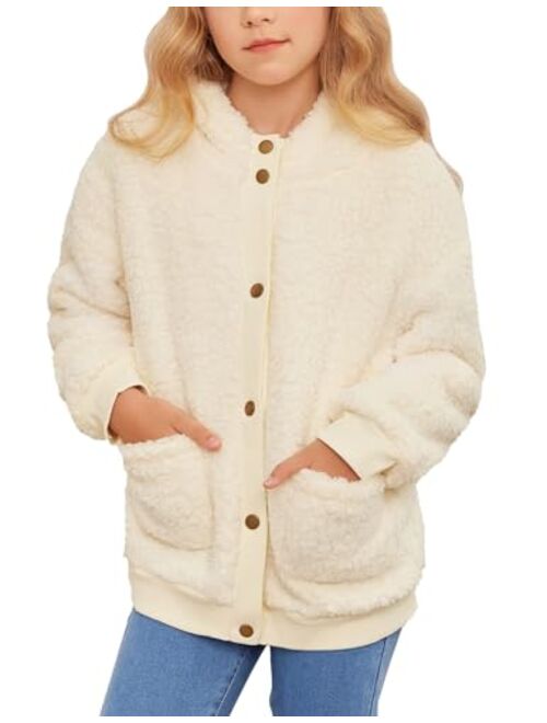 Arshiner Girls Fleece Sherpa Jacket Faux Shearling Fluffy Button Hooded Coat Fuzzy Outerwear Warm Winter Clothes With Pockets