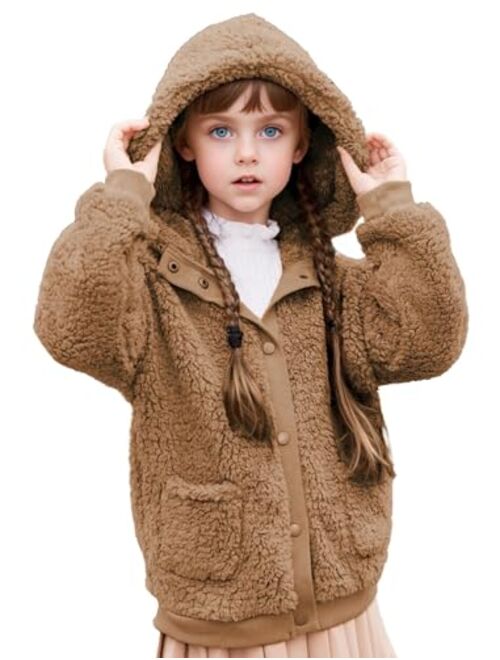 Arshiner Girls Fleece Sherpa Jacket Faux Shearling Fluffy Button Hooded Coat Fuzzy Outerwear Warm Winter Clothes With Pockets