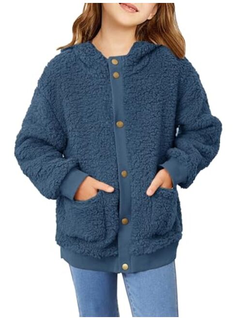 Arshiner Girls Fleece Sherpa Jacket Faux Shearling Fluffy Button Hooded Coat Fuzzy Outerwear Warm Winter Clothes With Pockets