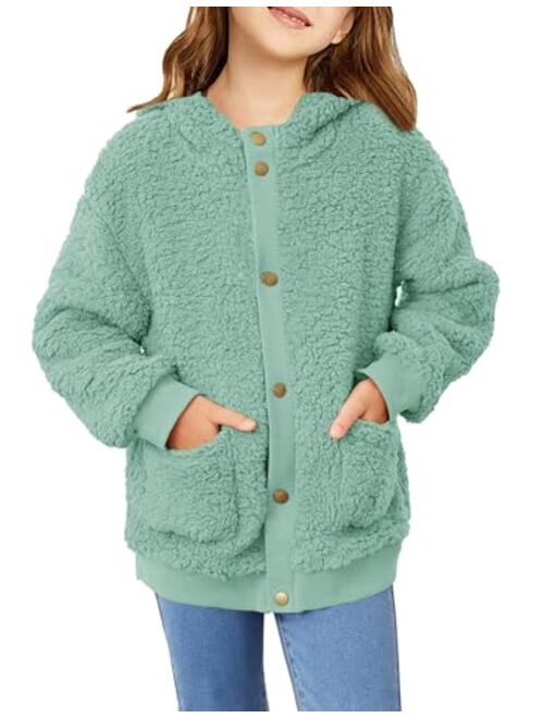 Arshiner Girls Fleece Sherpa Jacket Faux Shearling Fluffy Button Hooded Coat Fuzzy Outerwear Warm Winter Clothes With Pockets