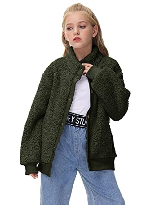 GAMISOTE Girls Warm Fleece Jacket Button Up Faux Shearling Chunky Outerwear Coat With Pockets