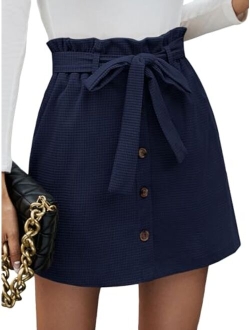 Women's Bow Front Belted Button Front High Waisted Slim Fitted Casual Mini Skirts