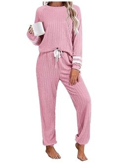 Lounge Sets for Women Ribbed Knit Outfits Pajamas Sets 2 Piece Long Sleeve Sweatsuits with Pockets