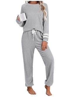 Lounge Sets for Women Ribbed Knit Outfits Pajamas Sets 2 Piece Long Sleeve Sweatsuits with Pockets