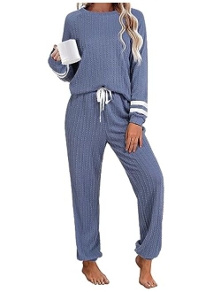 Lounge Sets for Women Ribbed Knit Outfits Pajamas Sets 2 Piece Long Sleeve Sweatsuits with Pockets