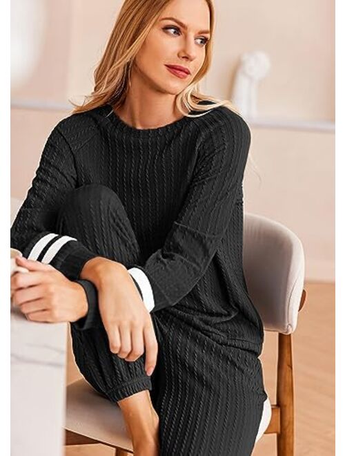 Ekouaer Lounge Sets for Women Ribbed Knit Outfits Pajamas Sets 2 Piece Long Sleeve Sweatsuits with Pockets