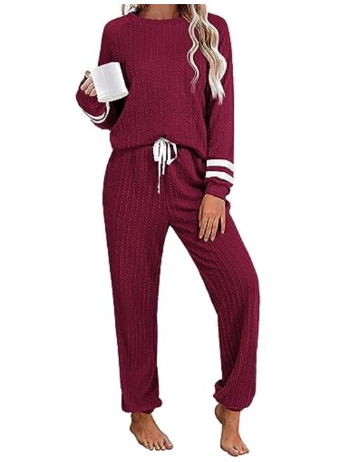 Ekouaer Lounge Sets for Women Ribbed Knit Outfits Pajamas Sets 2 Piece Long Sleeve Sweatsuits with Pockets