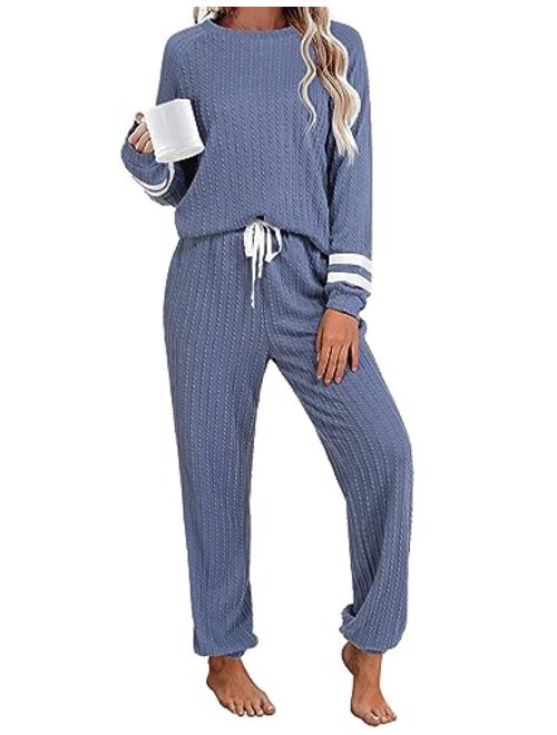 Ekouaer Lounge Sets for Women Ribbed Knit Outfits Pajamas Sets 2 Piece Long Sleeve Sweatsuits with Pockets