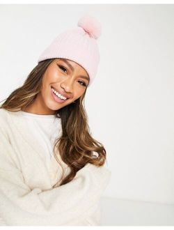 ribbed knit bobble hat in pink