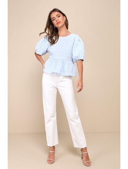 Lulus Delightful Persona Light Blue Jacquard Tie-Back Puff Sleeve Top