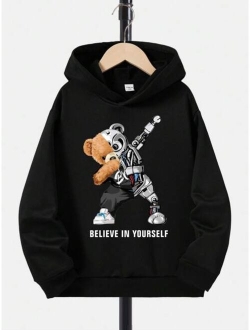 Tween Boy Casual Bear Slogan Print Fleece Hoodie With Long Sleeve, Suitable For Fall And Winter