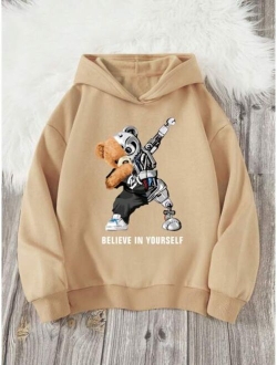 Tween Boy Casual Bear Slogan Print Fleece Hoodie With Long Sleeve, Suitable For Fall And Winter