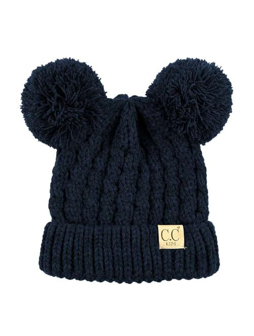 C.C Kids' Cable Knit Double Pom Beanie for Kids - Comfortable Soft Warm Children Youth Skully Hat with Pom