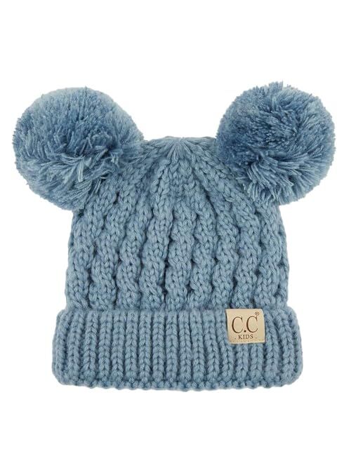 C.C Kids' Cable Knit Double Pom Beanie for Kids - Comfortable Soft Warm Children Youth Skully Hat with Pom