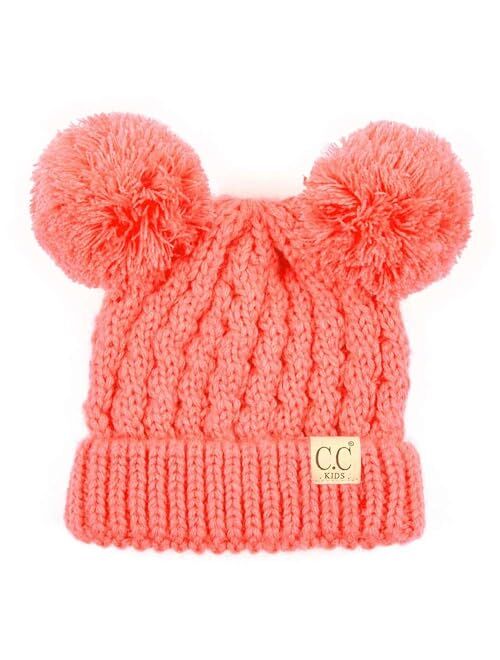 C.C Kids' Cable Knit Double Pom Beanie for Kids - Comfortable Soft Warm Children Youth Skully Hat with Pom