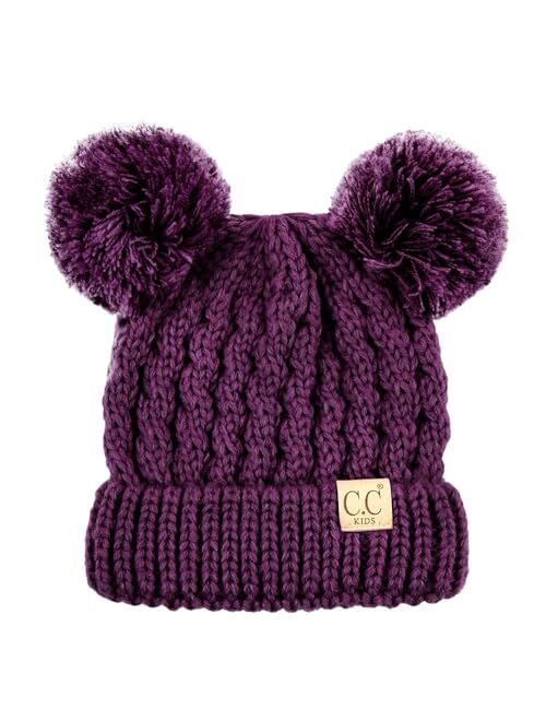 C.C Kids' Cable Knit Double Pom Beanie for Kids - Comfortable Soft Warm Children Youth Skully Hat with Pom