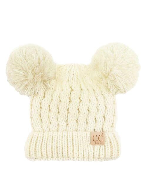 C.C Kids' Cable Knit Double Pom Beanie for Kids - Comfortable Soft Warm Children Youth Skully Hat with Pom