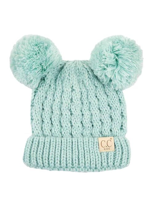 C.C Kids' Cable Knit Double Pom Beanie for Kids - Comfortable Soft Warm Children Youth Skully Hat with Pom