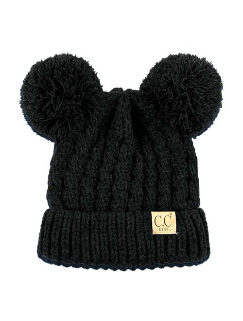 C.C Kids' Cable Knit Double Pom Beanie for Kids - Comfortable Soft Warm Children Youth Skully Hat with Pom