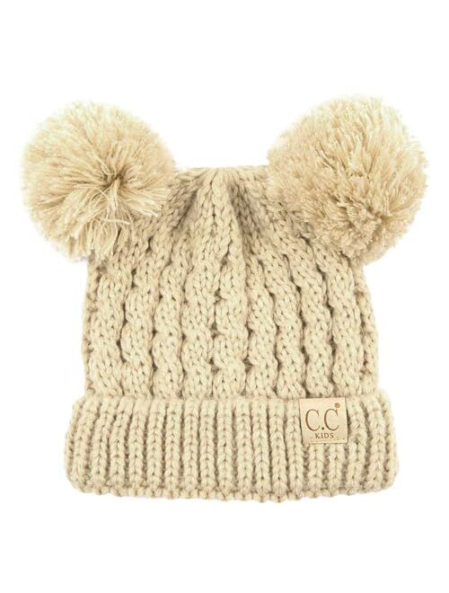 C.C Kids' Cable Knit Double Pom Beanie for Kids - Comfortable Soft Warm Children Youth Skully Hat with Pom