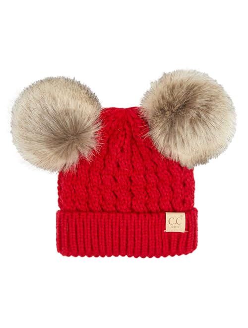 C.C Kids' Cable Knit Double Pom Beanie for Kids - Comfortable Soft Warm Children Youth Skully Hat with Pom