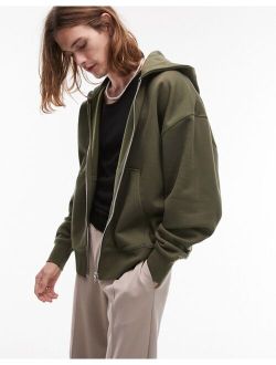 premium heavyweight oversized full zip hoodie in khaki