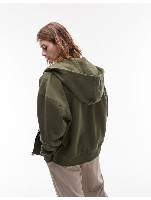 Topman premium heavyweight oversized full zip hoodie in khaki