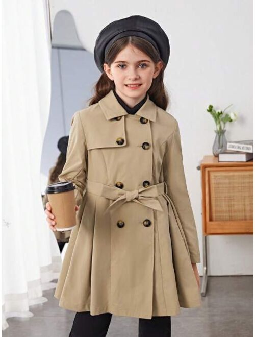 SHEIN Tween Girl 1pc Double Breasted Fold Pleated Belted Trench Coat