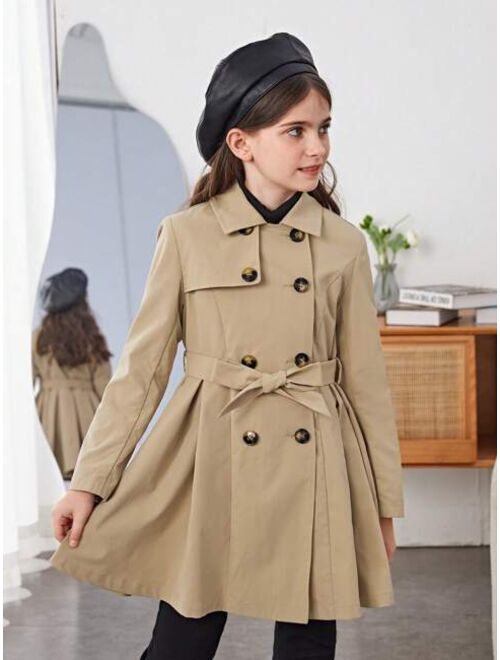 SHEIN Tween Girl 1pc Double Breasted Fold Pleated Belted Trench Coat