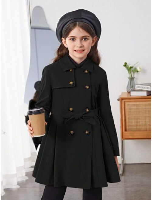 SHEIN Tween Girl 1pc Double Breasted Fold Pleated Belted Trench Coat