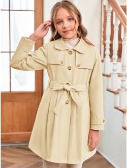 Haloumoning Girls Single Breasted Trench Coat Kids Lapel Long Sleeve Tie Belt Outerwear with Pockets