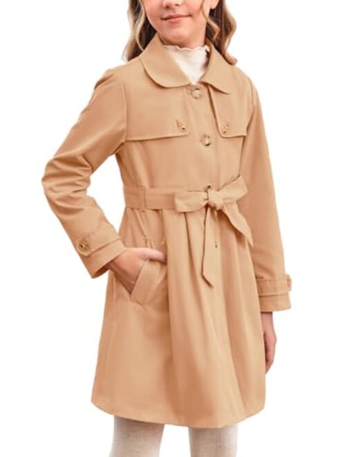 Haloumoning Girls Single Breasted Trench Coat Kids Lapel Long Sleeve Tie Belt Outerwear with Pockets