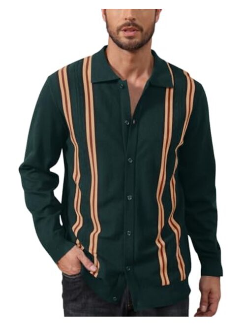 Aulemen Mens Knit Polo Shirts Long Sleeve Vintage Striped Button Down Cardigan Sweaters Collar Golf Shirts