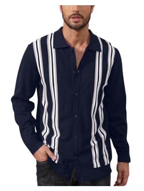 Aulemen Mens Knit Polo Shirts Long Sleeve Vintage Striped Button Down Cardigan Sweaters Collar Golf Shirts