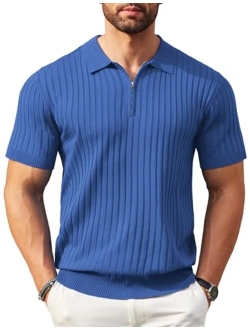 Men's Zipper Polo Shirts Short Sleeve Ribbed Knit Polo T Shirts Fashion Casual Golf Shirts