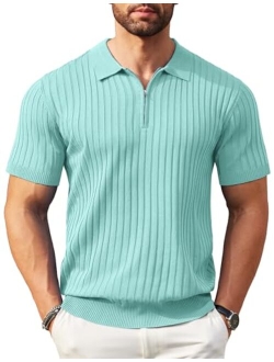 Men's Zipper Polo Shirts Short Sleeve Ribbed Knit Polo T Shirts Fashion Casual Golf Shirts