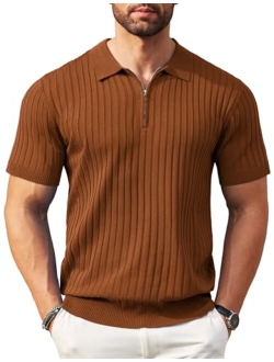 Men's Zipper Polo Shirts Short Sleeve Ribbed Knit Polo T Shirts Fashion Casual Golf Shirts