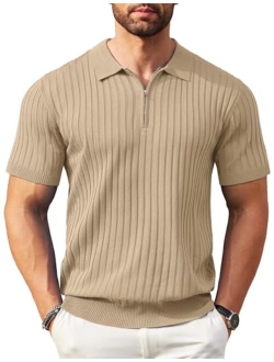 Men's Zipper Polo Shirts Short Sleeve Ribbed Knit Polo T Shirts Fashion Casual Golf Shirts