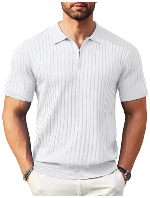 COOFANDY Men's Zipper Polo Shirts Short Sleeve Ribbed Knit Polo T Shirts Fashion Casual Golf Shirts